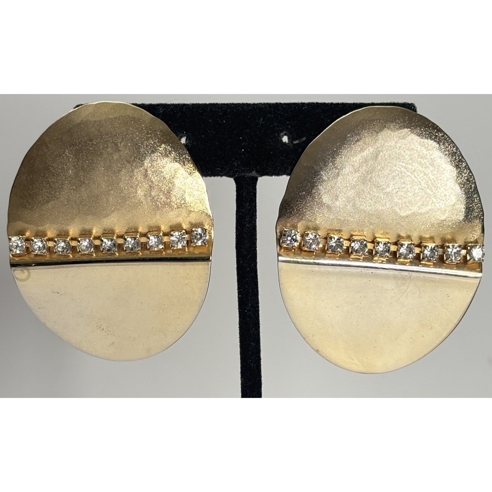 Vintage 1980s Oversized Gold Tone Rhinestone Oval Pierced Statement Earrings